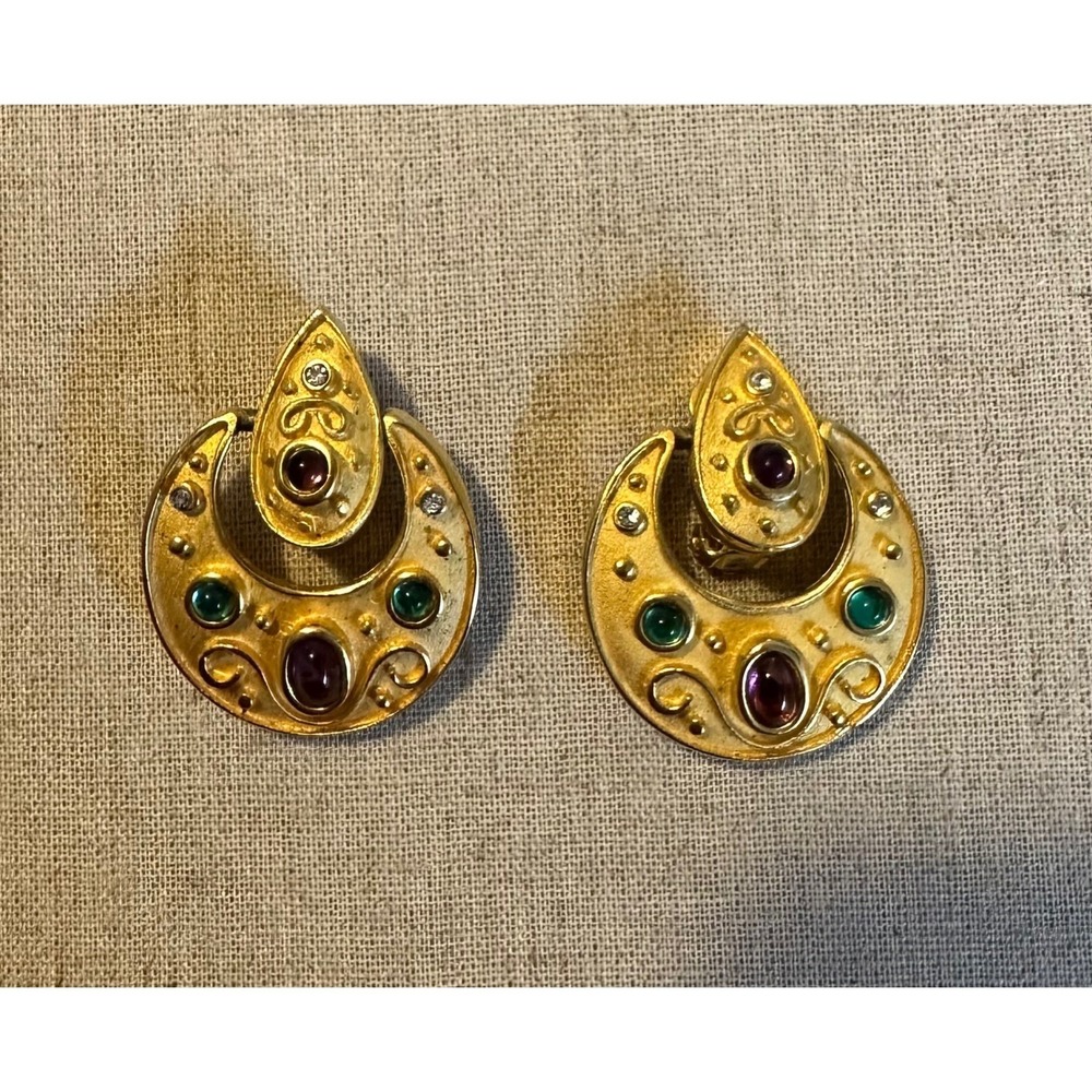VTG GEORGIOU 5 Mils Gold Door Knocker Clip On Earrings Green Purple Cabochon